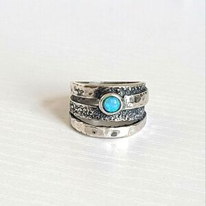 Vintage Sterling Silver Blue Fire Opal Boho Western Chunky Hammered Wide Ring